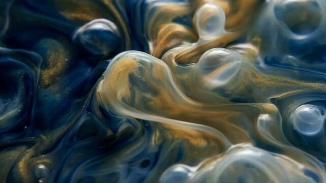 Purple powder explosion forming abstract vibrant pattern concept. Abstract colorful fluid art with swirling blue and gold patterns creating a surreal liquid texture
