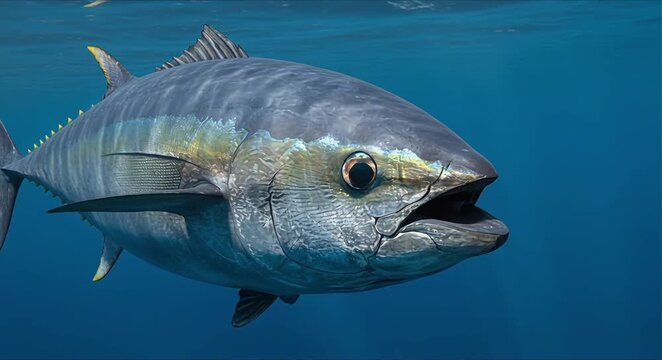 close up of majestic bluefin tuna swimming with iridescent skin and sharp eye focus perfect for world tuna day