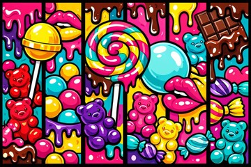 Obraz premium Playful pop art illustration packed with lollipops, gummy bears, chocolate and wrapped candies in bold bright colors, ideal for confectionery branding or kids party designs.