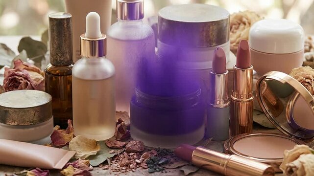 Purple powder explosion forming abstract vibrant pattern concept. Natural skincare and makeup products with dried flowers and powder for beauty and self care routine