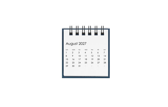 Minimalist desk calendar page showing August 2027. High-quality studio shot isolated on white background. Ideal for business appointments, time management blogs, and office stationery catalogs.