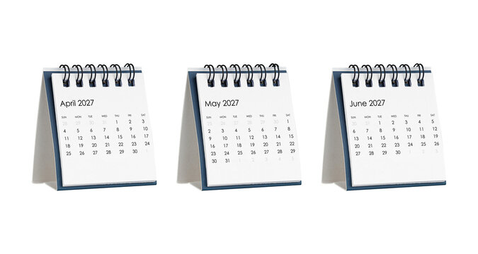Three desk calendar pages displaying the months of Q2 2027. Minimalist design for productivity tracking, spring organization, and project deadlines.