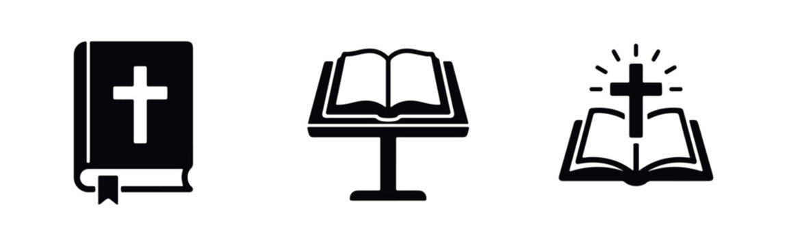 Set of three black and white holy bible icons featuring a closed book with cross, an open bible on a pulpit, and an open bible with a glowing cross.