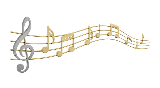 Gold and silver music notes treble clef isolated on a transparent background