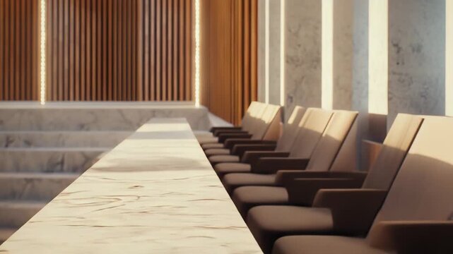 Modern interior with marble steps, wooden slats and textured concrete, sunlight casting long geometric shadows across a minimalist, serene space highlighting natural materials