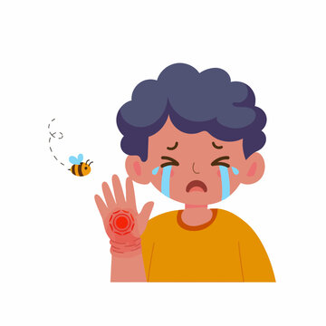 Sick Boy Crying with Bee Sting on His Hand Cartoon