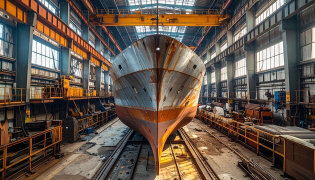 Shipbuilding marvel - A vessel under construction in a vast shipyard.