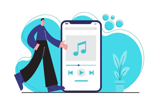 Flat vector illustration of a smartphone displaying a music player interface with playback controls.