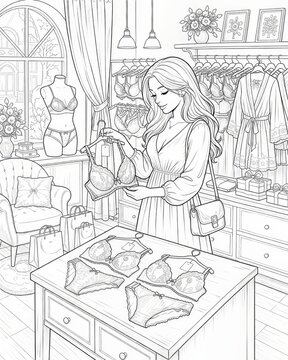 Young woman in a flowing dress happily selects lace lingerie in a cozy boutique filled with bras, panties and gift boxes, ideal for fashion, retail and self-care themes.