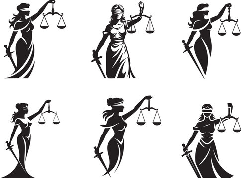 Lady justice logo  collection with one arm raised upward holding a balanced scale flat vector design.