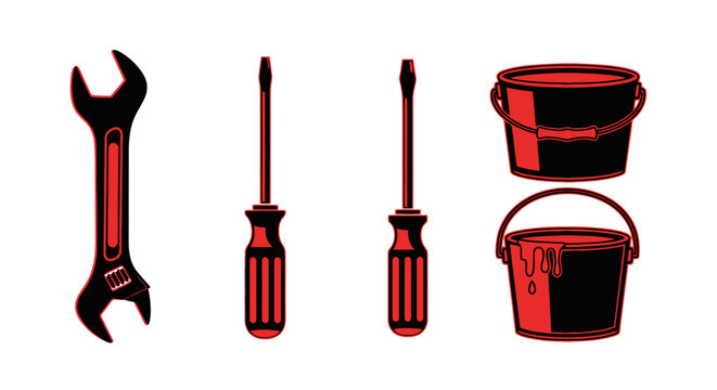 Red tools and buckets on white.