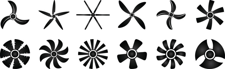 Fan blade silhouette  collection, industrial style, aircraft, airplane propeller motor blades flat vector design. © Madusanka