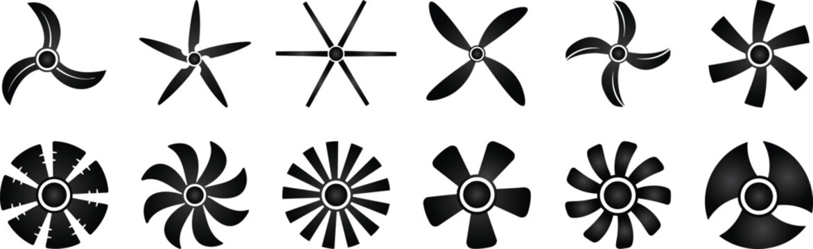 Fan blade silhouette  collection, industrial style, aircraft, airplane propeller motor blades flat vector design.