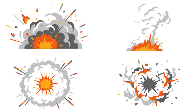 Four explosive events occur with fire and smoke in different environments and directions.