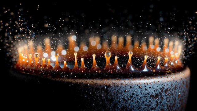 Close-up of a burst of blue-orange flame creating delicate light patterns on a black background, tiny luminous highlights on the surface, the concept of energy
