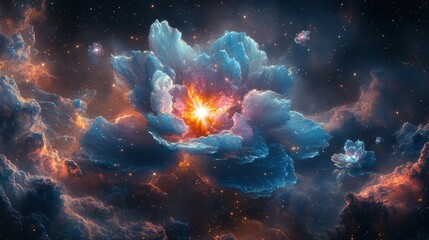Obraz premium Colorful clouds take shape like flowers bursting with light in the dark cosmic backdrop