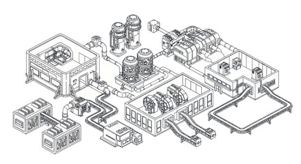 Obraz premium Industrial Power Plant Schematic Diagram with Turbines and Generators.