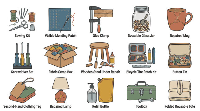 Repair reuse restore vector set with sewing kit mending patch repaired mug toolbox and refill accessories isolated on white background