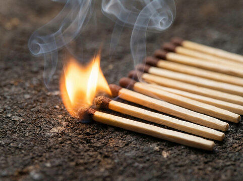 Row of wooden matches with one matchstick ignited, producing flames and smoke, arranged on a textured surface, concept of a chain reaction and the progression of fire from one element to the next