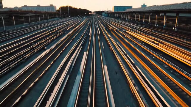Railway tracks converging toward a glowing sunset, forming a network of parallel steel lines and crossings that suggest movement, choices, infrastructure and urban transit