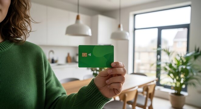 Woman holding a green credit card for online shopping or payment