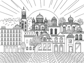 Fototapeta premium Historic city skyline with domed buildings and architecture landscape, detailed line art coloring page for travel and culture design, vector illustration