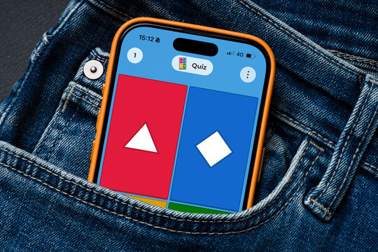 Antalya, Turkey - March 24, 2026: Kahoot quiz interface on smartphone in denim pocket concept