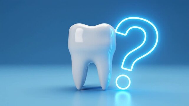 Bright white tooth with a glowing blue question mark in front, dental healthcare concept on a blue background