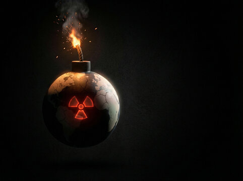 Explosive bomb with nuclear symbol and burning fuse, representing global threat, dark background. For concepts of fear, nuclear threat awareness, rising global tension, international conflict