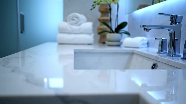 Elegant modern bathroom vanity with a sleek marble countertop and polished chrome faucet, showcasing pristine luxury and design.