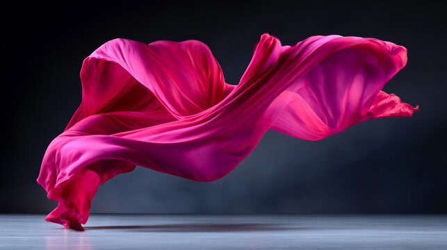Flowing pink fabric draped elegantly in mid-air against a dark background, showcasing texture and movement in a dynamic composition