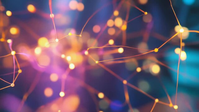 Interconnected nodes and glowing lines creating a complex neural network structure, visualizing artificial intelligence, technology, and big data processing in an abstract form