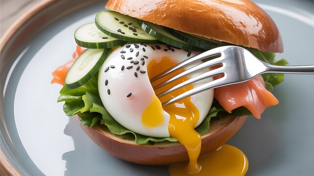 Fork piercing soft poached egg with runny yolk in delicious salmon and vegetable sandwich