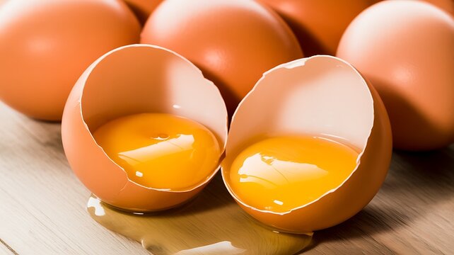 Fresh brown egg cracked open with visible yolk and white on wooden surface