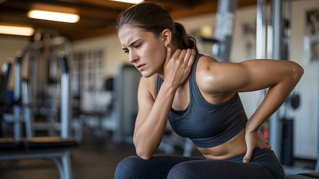 Young woman experiencing neck pain after workout in modern gym with equipment.