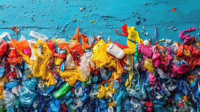 A vibrant and overwhelming collection of colorful plastic debris scattered across a textured blue surface, highlighting environmental pollution.