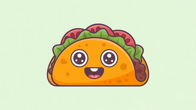Friendly cartoon taco character smiling brightly with big adorable eyes on a soft pastel green background