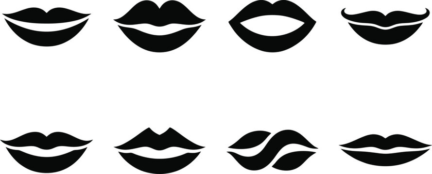 Eight black silhouette icons of lips in various shapes and expressions on a white background abstract