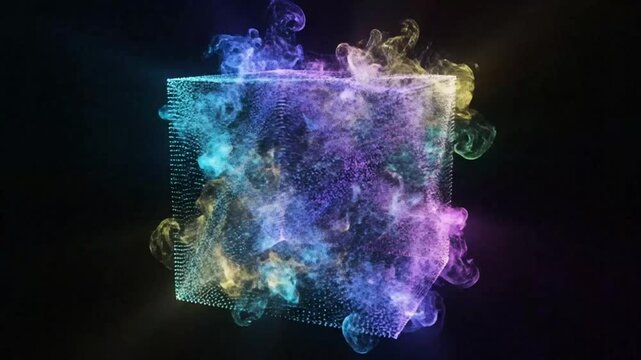 Abstract particle animation with evolving colorful smoke-like effects inside a wireframe cube against a dark backdrop.