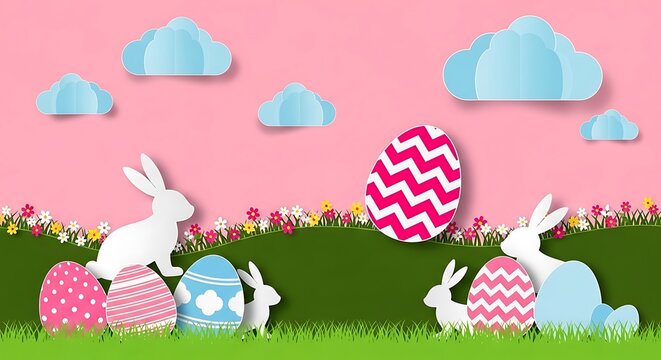 Easter bunnies and decorated eggs in a colorful spring landscape with pink sky and blue clouds