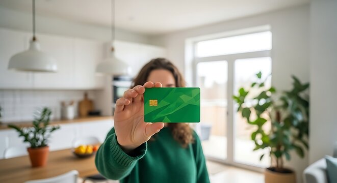 Person holding blank green credit card in modern kitchen