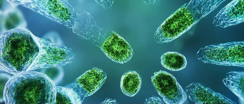 Cellular Growth Visualization. Plant Cells & Micro-Nature (Scientific Visualization). Growth Science. plant cells dividing and expanding at a microscopic scale, set in abstract scientific environment
