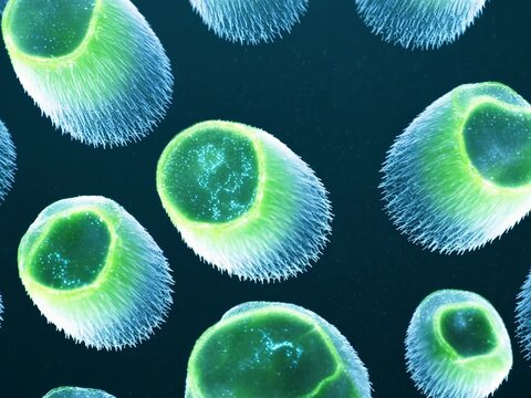 Cellular Growth Visualization. Plant Cells & Micro-Nature (Scientific Visualization). Growth Science. plant cells dividing and expanding at a microscopic scale, set in abstract scientific environment
