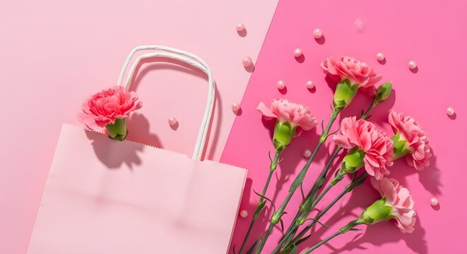 Mother's day gift ideas with pink flowers and tote bag