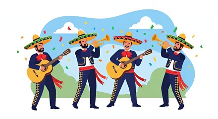 Fototapeta premium Festive Mexican Musicians Playing Guitars and Trumpets with Colorful Sombreros and Confetti in Outdoors Scene