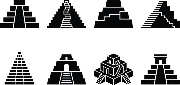 Eight Stylized Black Silhouettes of Ancient Step Pyramids and Structures vector illustration