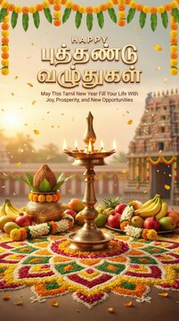 Vibrant Tamil New Year celebration with auspicious offerings including a kalasam, fruits, flowers, and a traditional lamp against a temple backdrop
