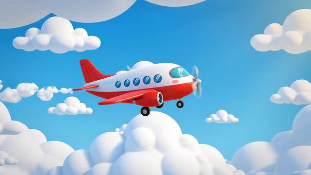 Cartoon airplane animation flying through fluffy white clouds against a bright blue sky perfect for childrens content and travel themes