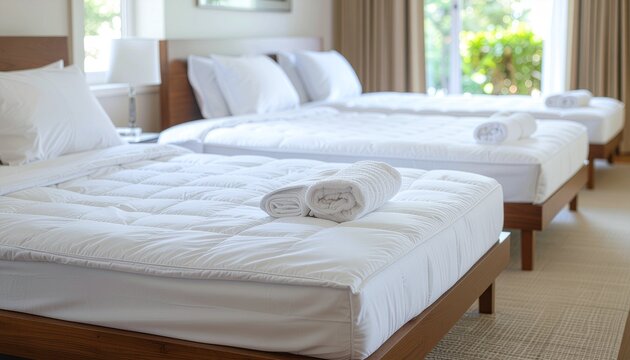 Modern hotel room with three single beds and fresh white linens