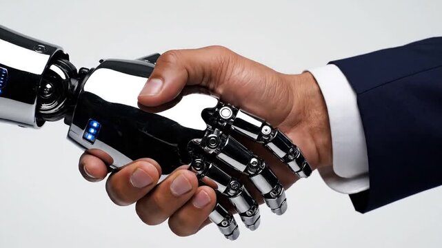 Businessman shaking hands with futuristic robot against light background